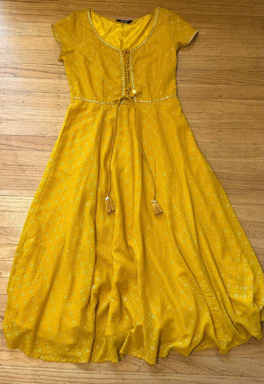House of Indya Yellow Foil Mirror Work Angrakha Anarkali Maxi Dress Small Haldi